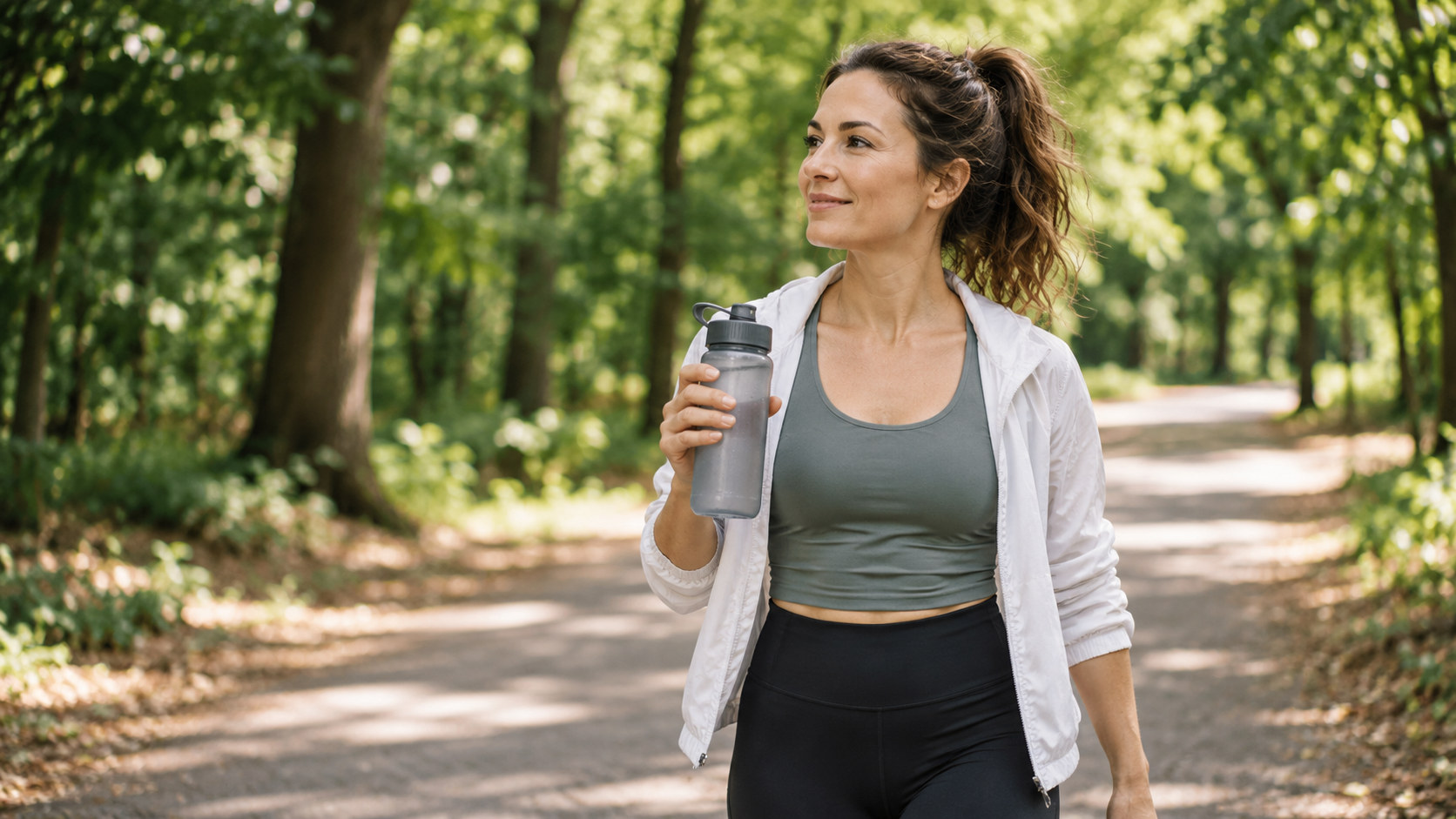 Woman walking on a forest path with a water bottle