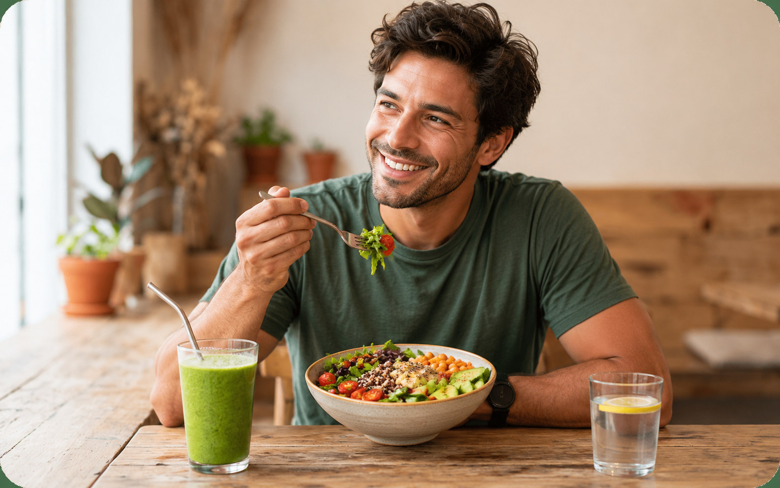 Man eating a salad bowl at a wooden table