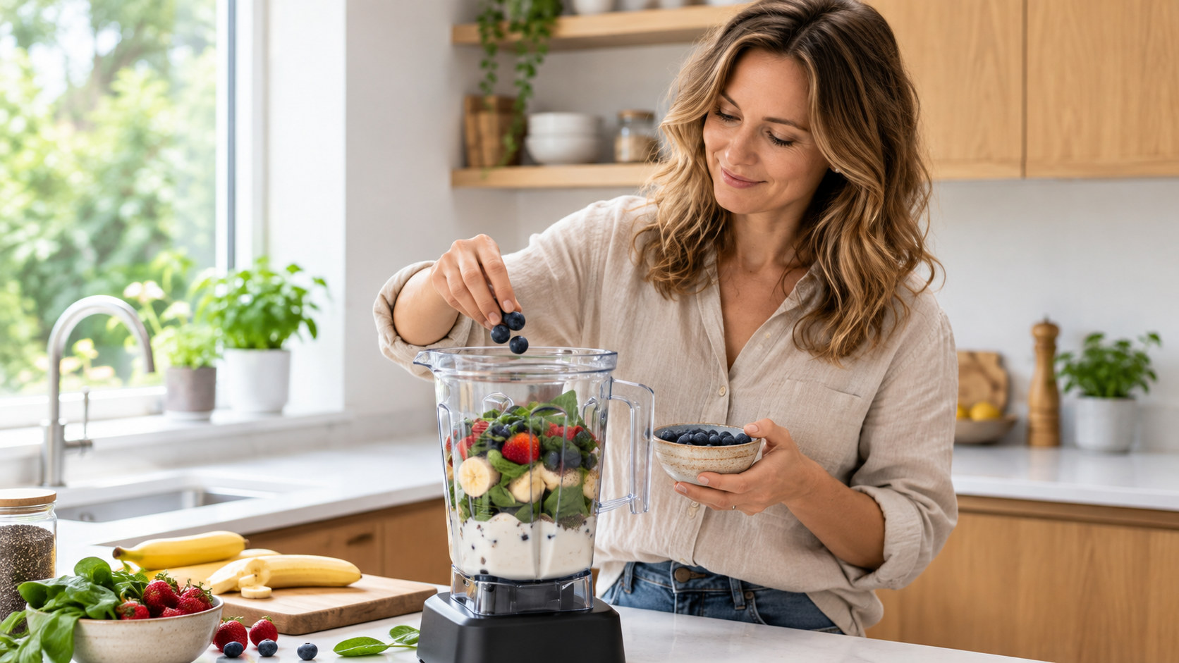 Woman adding blueberries to a smoothie in a bright kitchen