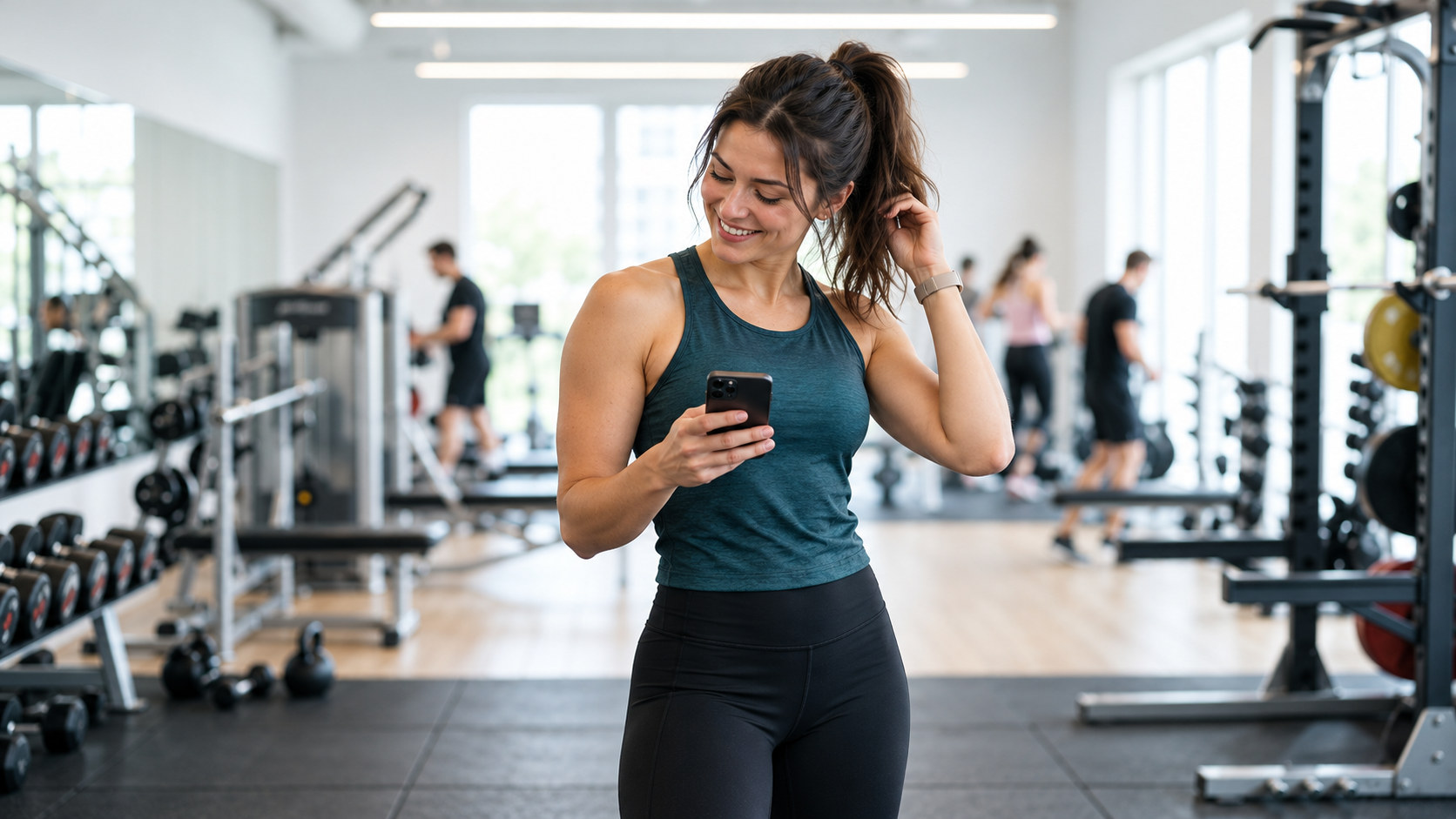 Woman checking her phone at the gym